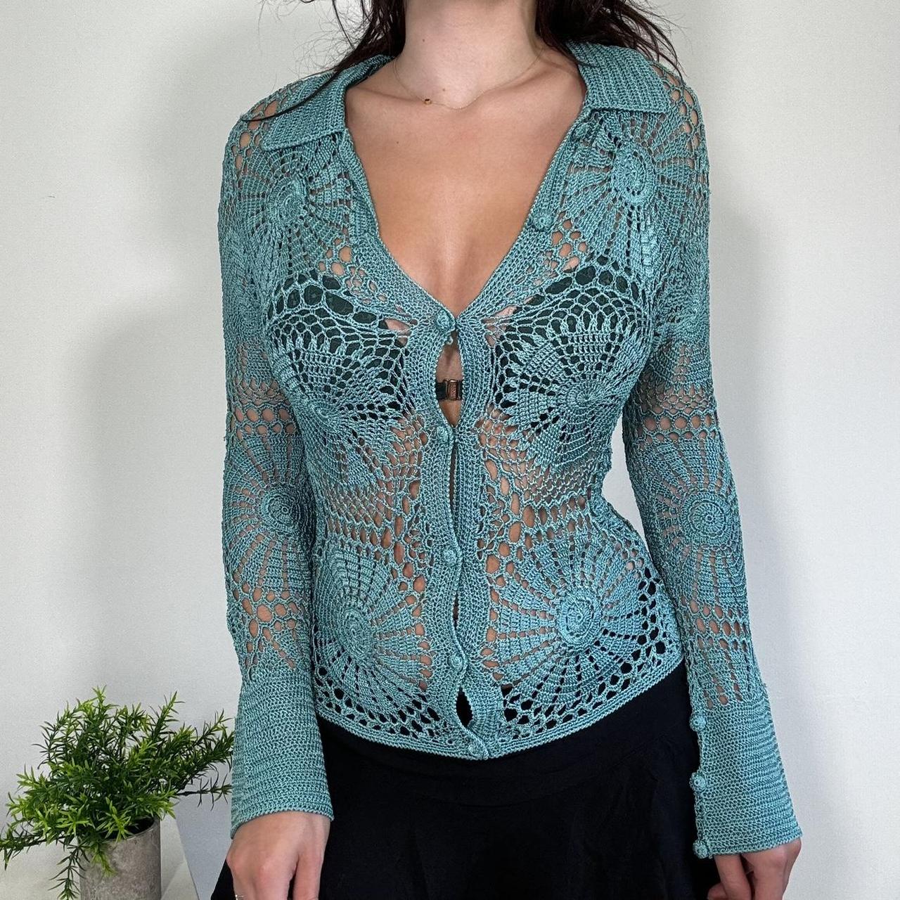 Vintage Blue Crochet Button Up Top Karen Millen