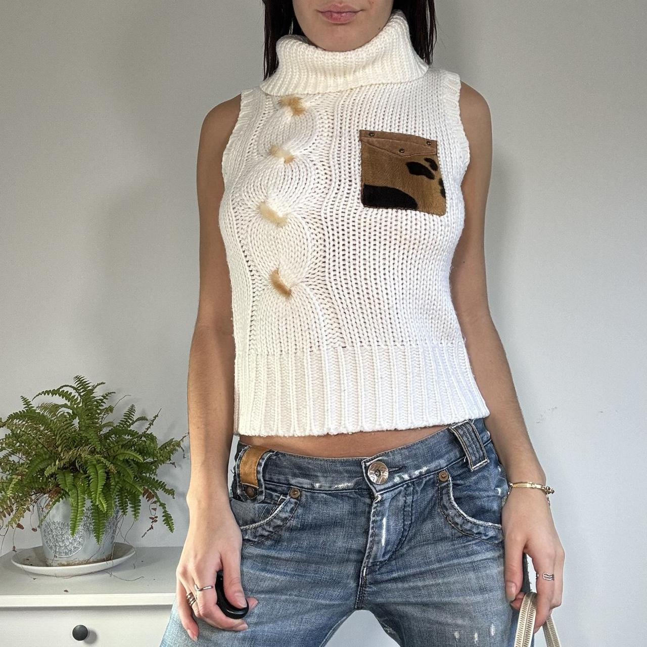 Vintage 2000s Cream Turtleneck Top With Patchwork Detailing