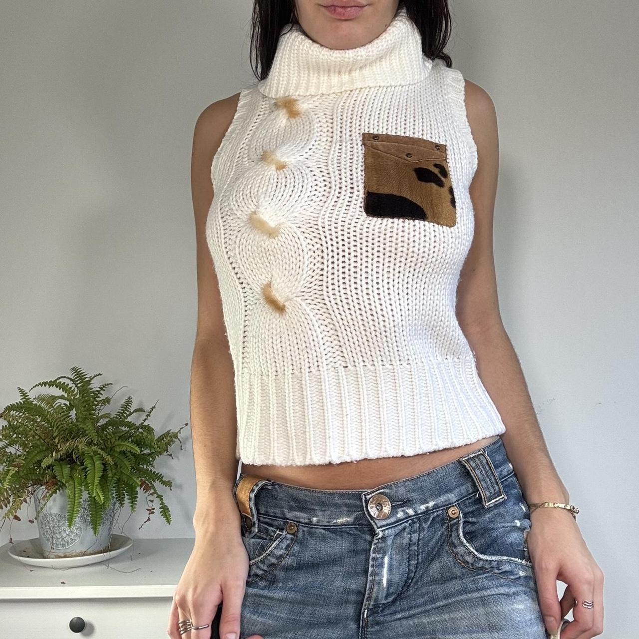 Vintage 2000s Cream Turtleneck Top With Patchwork Detailing